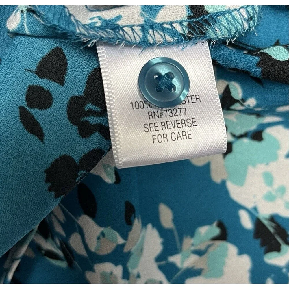 Dana Buchman Top Blouse Sz Medium Teal Blue Floral 3/4 Sleeve Split Neck Career